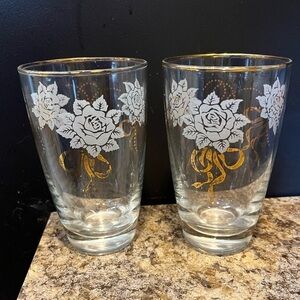 Vintage Libbey Glass Tumbler White Roses Gold Ribbons set of 2 approx 12 - 13 oz